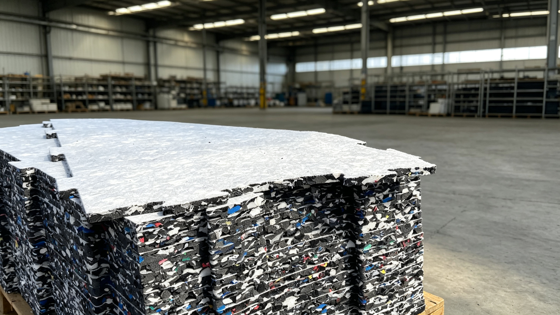 Recycled XPE shock and drainage pads stacked at our warehouse